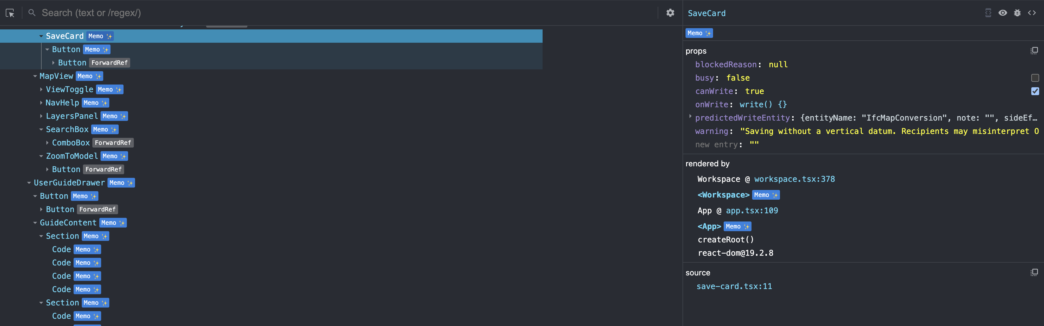 React DevTools component tree alongside the parent-owner notation for the same app